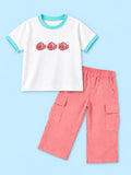 Girls Cotton Co-Ord Set – White Fish Print T-Shirt & Pink Cargo Pants