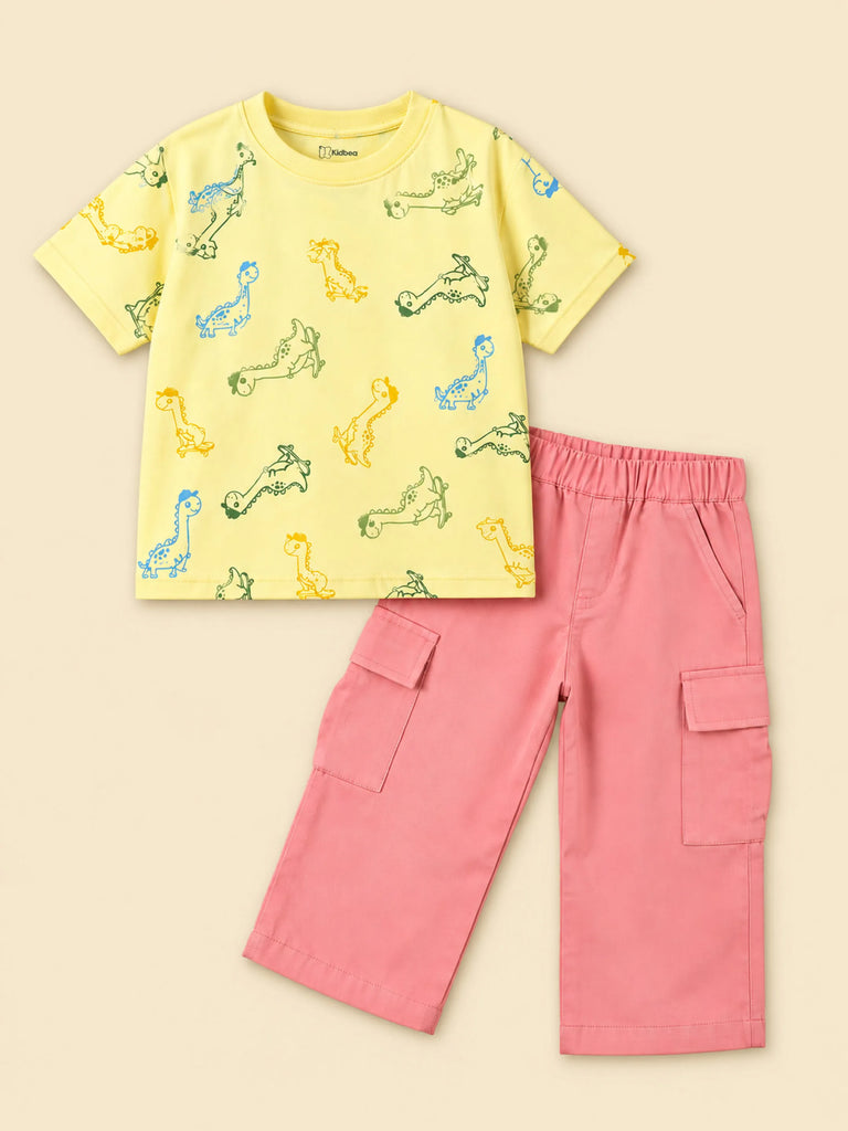 Girls Cotton Co-Ord Set – Yellow Dinosaur Print T-Shirt & Pink Cargo Pants
