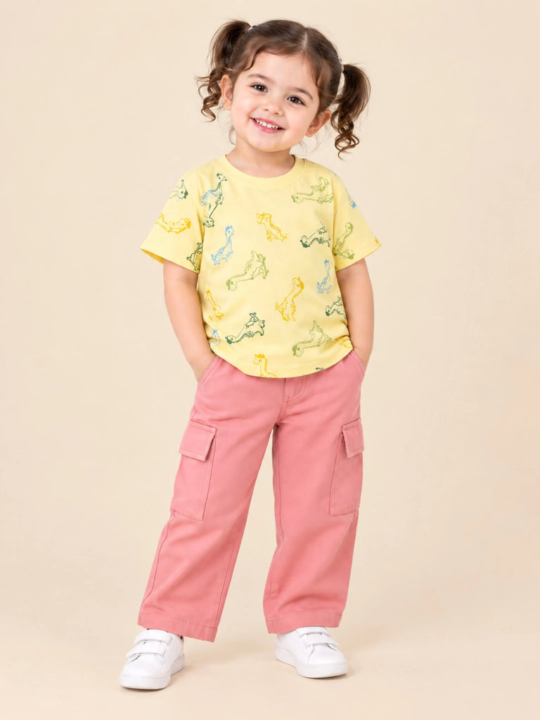 Girls Cotton Co-Ord Set – Yellow Dinosaur Print T-Shirt & Pink Cargo Pants