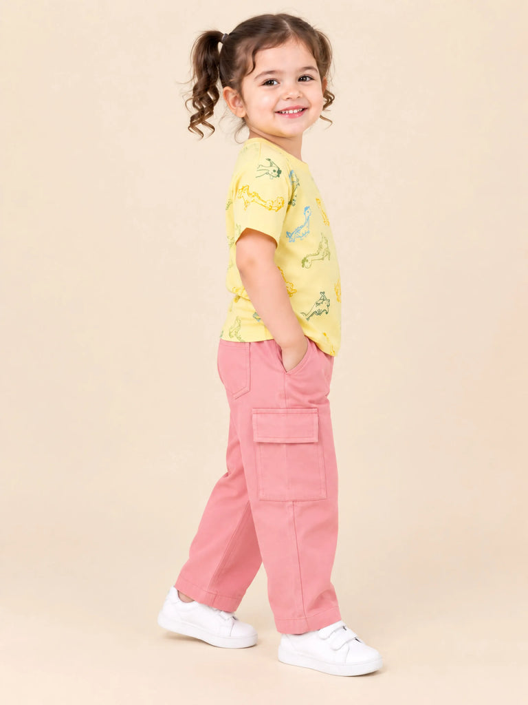 Girls Cotton Co-Ord Set – Yellow Dinosaur Print T-Shirt & Pink Cargo Pants