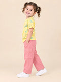 Girls Cotton Co-Ord Set – Yellow Dinosaur Print T-Shirt & Pink Cargo Pants