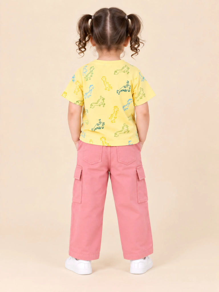 Girls Cotton Co-Ord Set – Yellow Dinosaur Print T-Shirt & Pink Cargo Pants