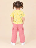 Girls Cotton Co-Ord Set – Yellow Dinosaur Print T-Shirt & Pink Cargo Pants