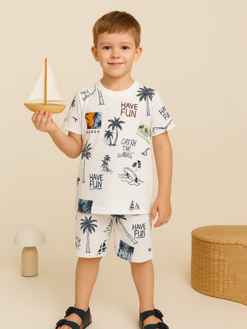 Kidbea Boys Beach Theme Co-Ord Set | Summer Cotton T-Shirt and Shorts for Boys | White