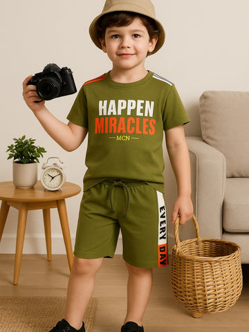 Kidbea Boys Cotton T-Shirt and Shorts Set | Summer Co-Ord Outfit for Kids | Olive Green
