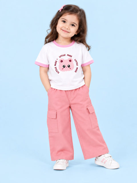 Girls Cotton Co-Ord Set – White Little Miss T-Shirt & Pink Cargo Pants