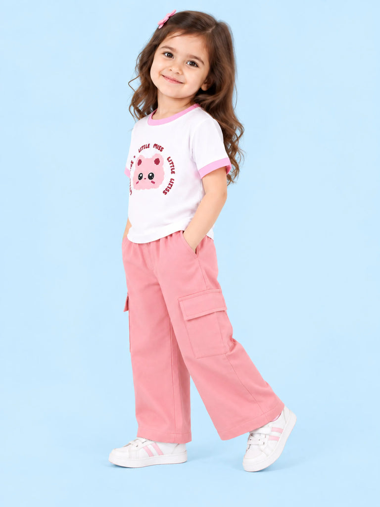 Girls Cotton Co-Ord Set – White Little Miss T-Shirt & Pink Cargo Pants