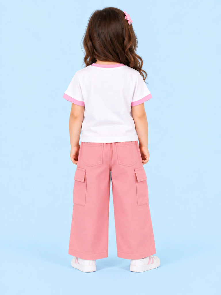 Girls Cotton Co-Ord Set – White Little Miss T-Shirt & Pink Cargo Pants