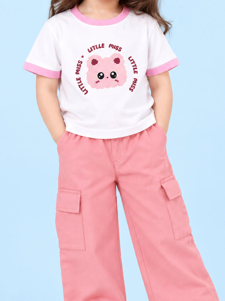 Girls Cotton Co-Ord Set – White Little Miss T-Shirt & Pink Cargo Pants