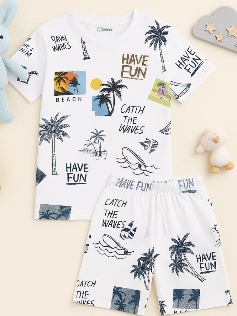 Kidbea Boys Beach Theme Co-Ord Set | Summer Cotton T-Shirt and Shorts for Boys | White