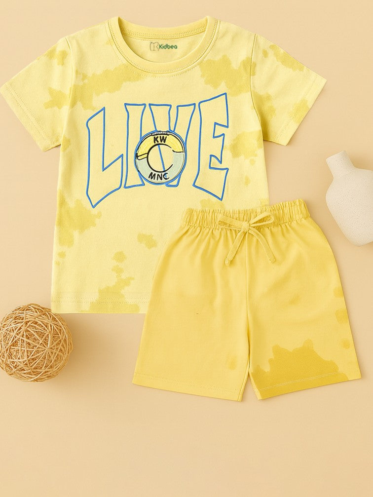 Kidbea Boys Tie-Dye Co-Ord Set | Summer Cotton T-Shirt and Shorts for Kids | Yellow