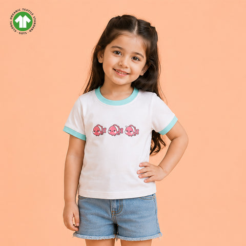 Girls White Organic Cotton Round Neck Fish Print T-Shirt