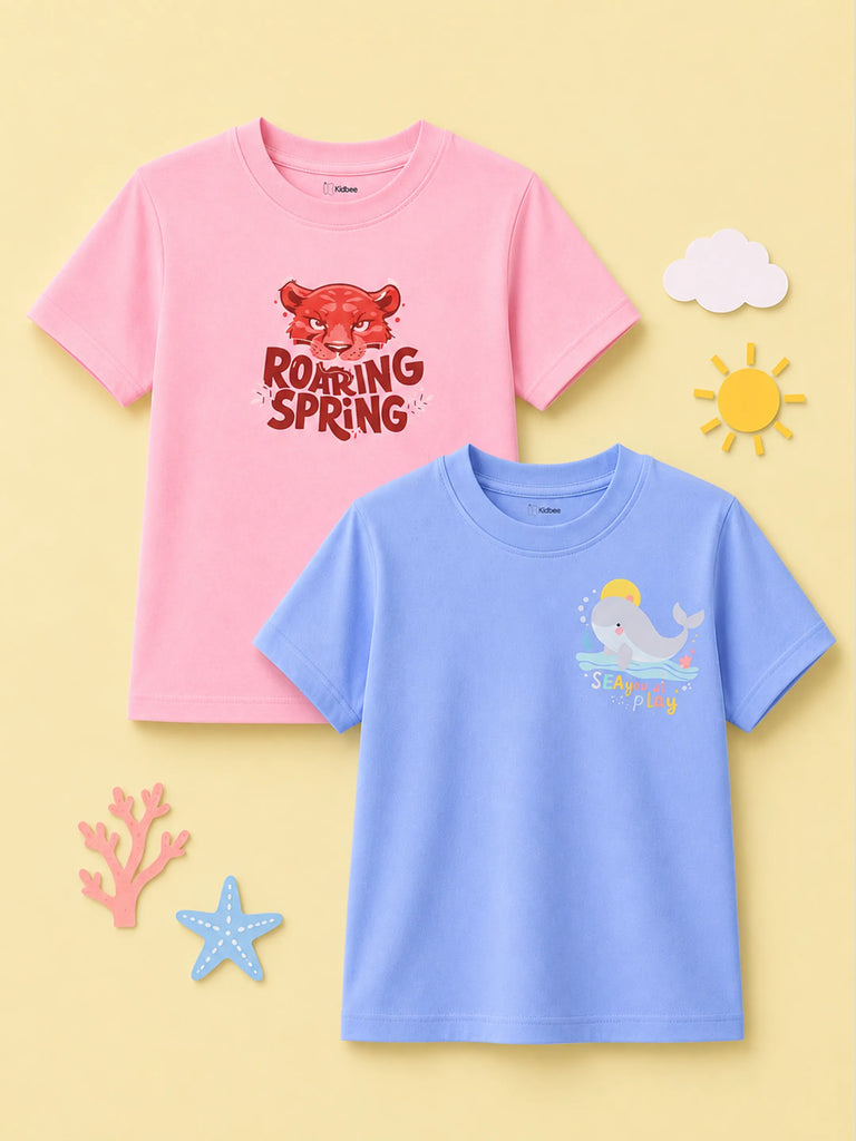 Bamboo Fabric Unisex Kids Half Sleeve T-Shirt Pack of 2 – Roaring Spring & Whale Graphic Print Soft Summer Tee Set