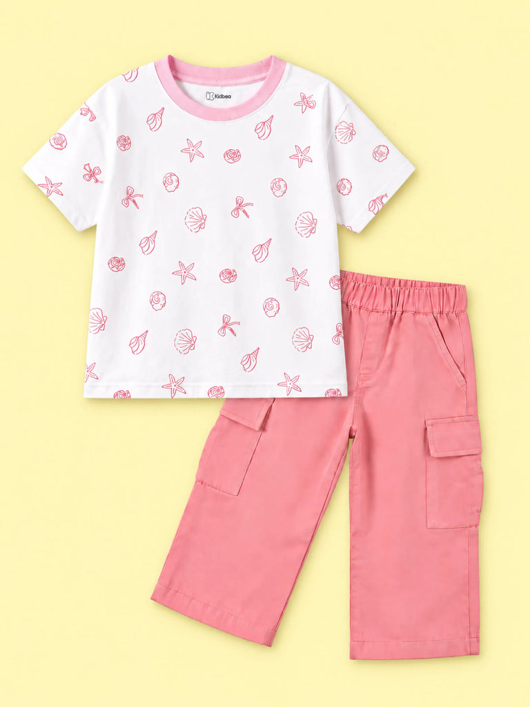 Girls Cotton Co-Ord Set – White Printed T-Shirt & Pink Cargo Pants