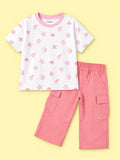 Girls Cotton Co-Ord Set – White Printed T-Shirt & Pink Cargo Pants