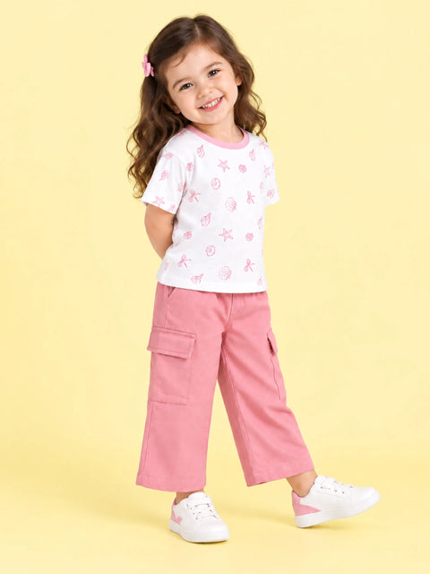 Girls Cotton Co-Ord Set – White Printed T-Shirt & Pink Cargo Pants