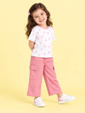 Girls Cotton Co-Ord Set – White Printed T-Shirt & Pink Cargo Pants