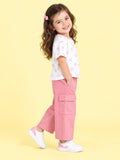 Girls Cotton Co-Ord Set – White Printed T-Shirt & Pink Cargo Pants