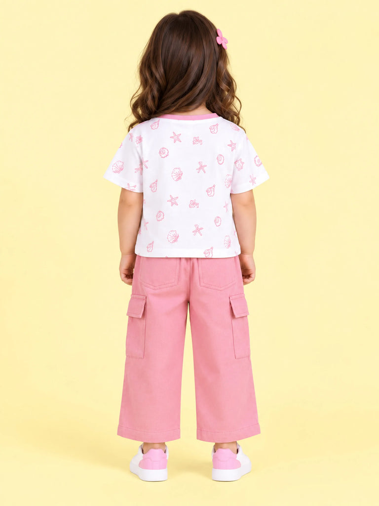 Girls Cotton Co-Ord Set – White Printed T-Shirt & Pink Cargo Pants
