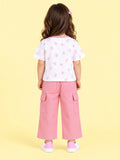 Girls Cotton Co-Ord Set – White Printed T-Shirt & Pink Cargo Pants