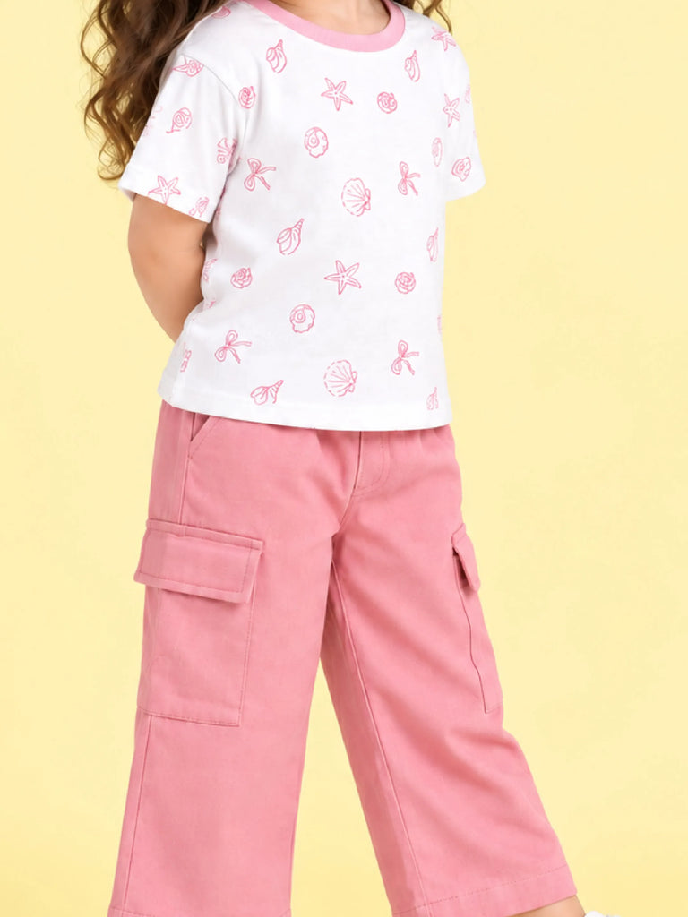 Girls Cotton Co-Ord Set – White Printed T-Shirt & Pink Cargo Pants