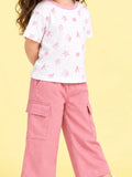 Girls Cotton Co-Ord Set – White Printed T-Shirt & Pink Cargo Pants