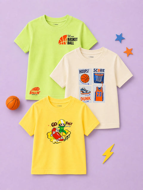 Bamboo Fabric Unisex Kids Half Sleeve T-Shirt Pack of 3 – Basketball & Skateboard Graphic Print Soft Summer Tee Set
