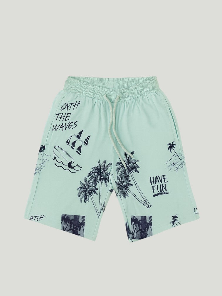 Kidbea Boys Beach Theme Co-Ord Set | Summer Cotton T-Shirt and Shorts for Boys | Cyan