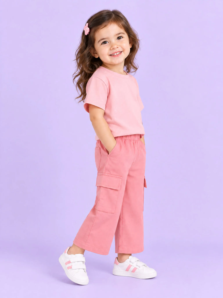 Girls Cotton Co-Ord Set – Pink T-Shirt & Pink Cargo Pants