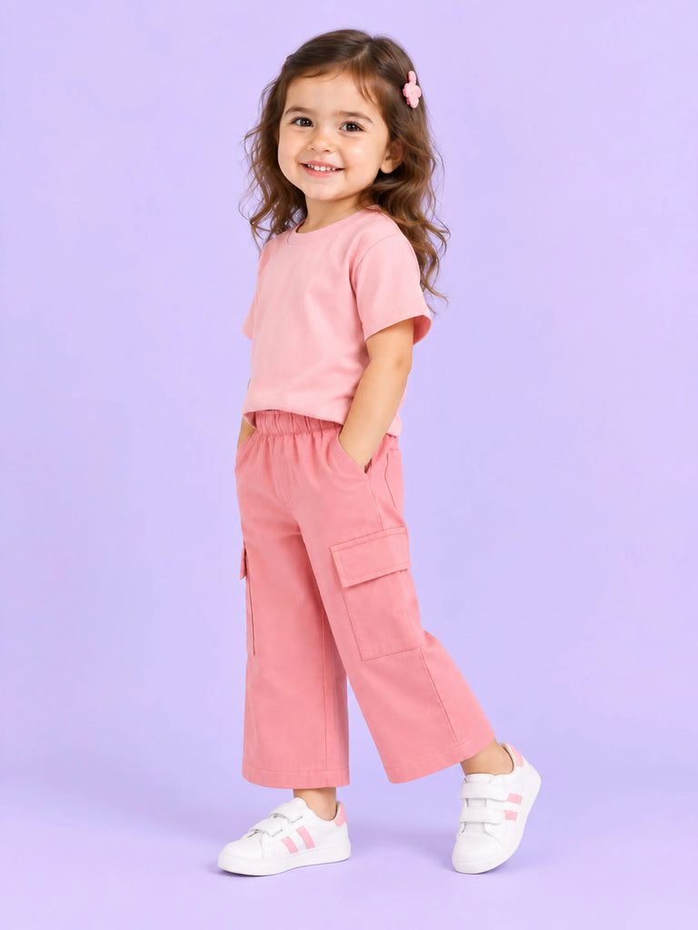 Girls Cotton Co-Ord Set – Pink T-Shirt & Pink Cargo Pants