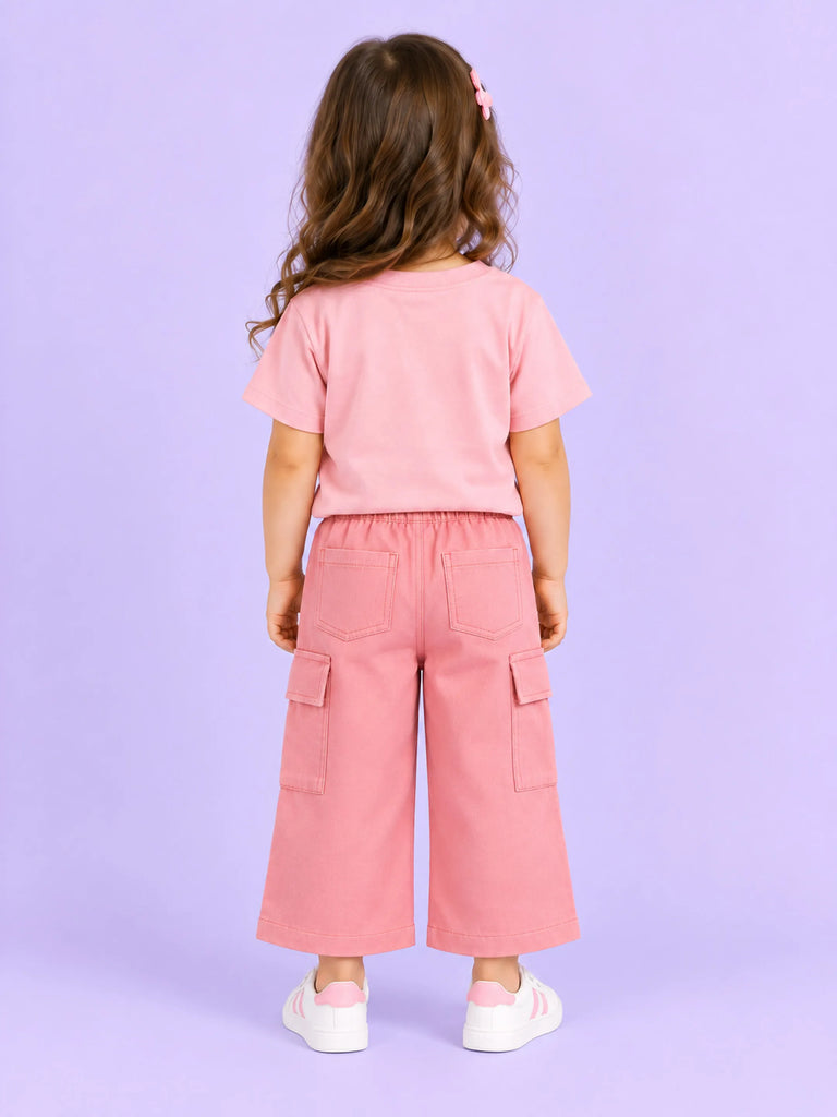 Girls Cotton Co-Ord Set – Pink T-Shirt & Pink Cargo Pants