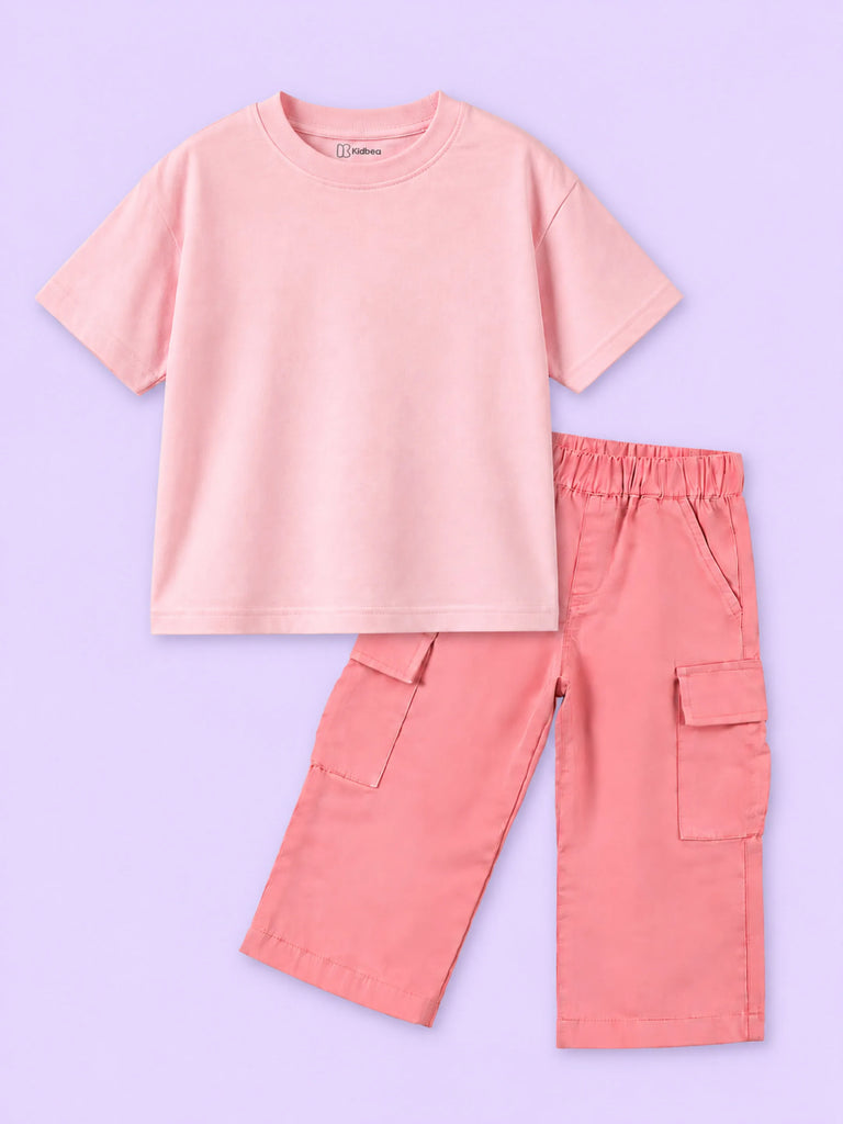 Girls Cotton Co-Ord Set – Pink T-Shirt & Pink Cargo Pants