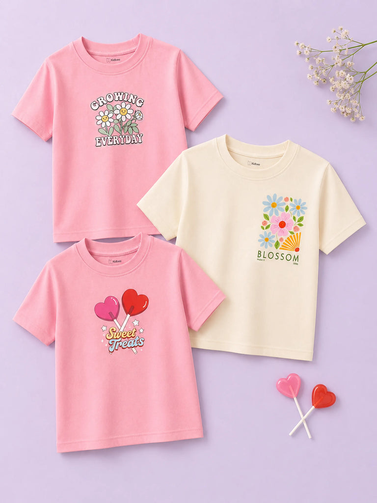 Bamboo Fabric Girls Half Sleeve T-Shirt Pack of 3 – Growing Everyday, Sweet Treats & Blossom Graphic Print Soft Summer Tee Set