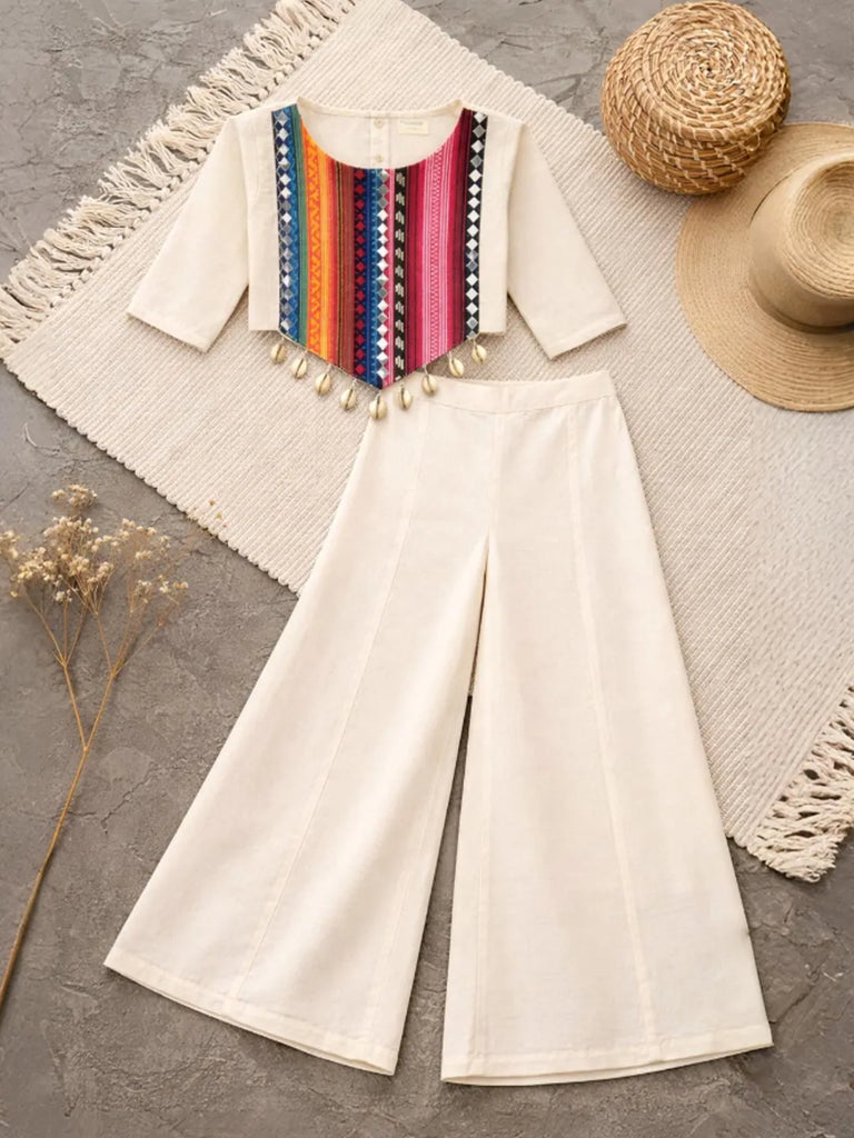 Girls Cream Ethnic Kurta Pant Set | Festive Co-ord Outfit