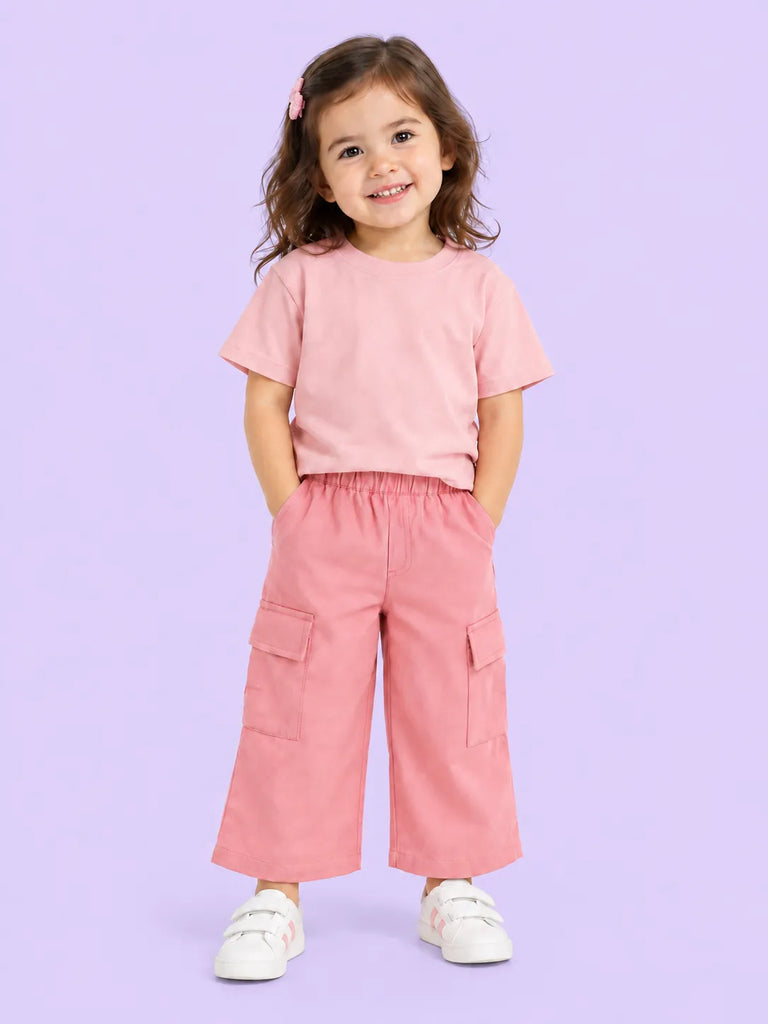 Girls Cotton Co-Ord Set – Pink T-Shirt & Pink Cargo Pants