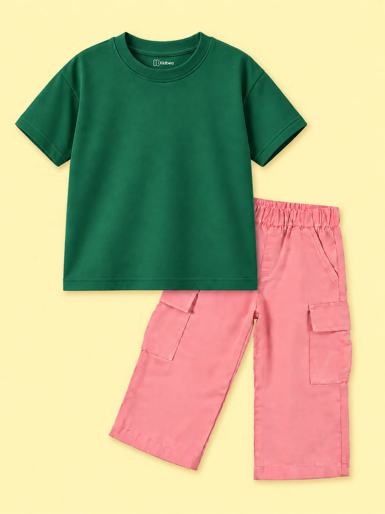 Girls Cotton Co-Ord Set – Green T-Shirt & Pink Cargo Pants