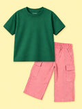 Girls Cotton Co-Ord Set – Green T-Shirt & Pink Cargo Pants