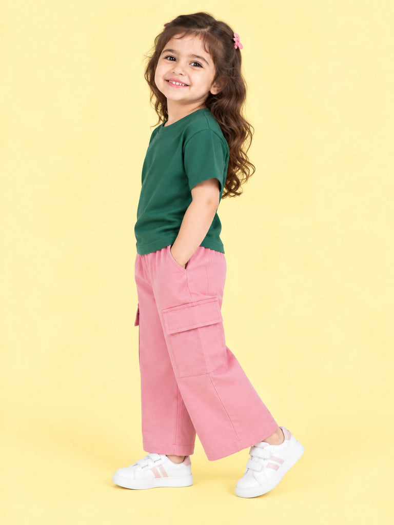 Girls Cotton Co-Ord Set – Green T-Shirt & Pink Cargo Pants