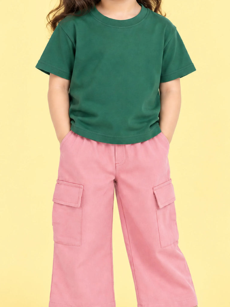 Girls Cotton Co-Ord Set – Green T-Shirt & Pink Cargo Pants