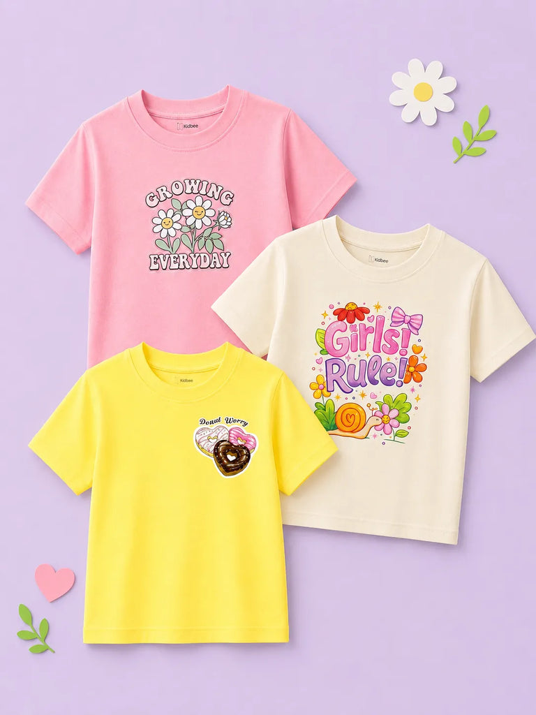 Bamboo Fabric Girls Half Sleeve T-Shirt Pack of 3 – Growing Everyday, Girls Rule & Donut Graphic Print Soft Summer Tee Set