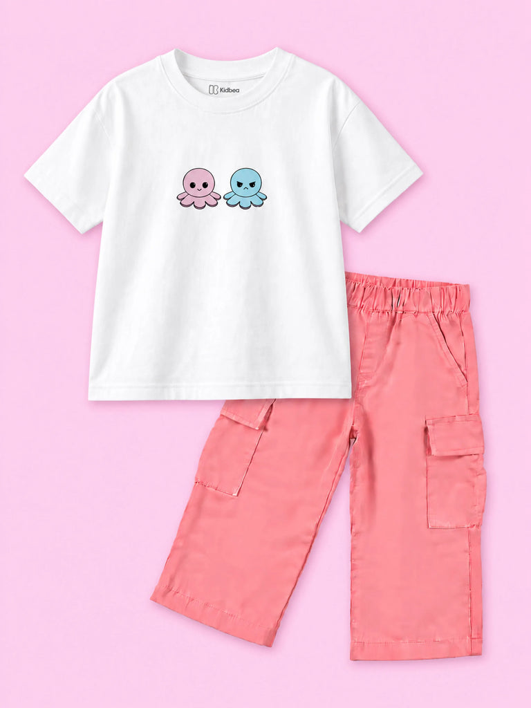 Girls Cotton Co-Ord Set – White Octopus T-Shirt & Pink Cargo Pants