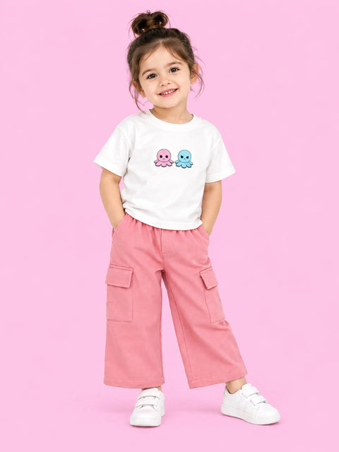 Girls Cotton Co-Ord Set – White Octopus T-Shirt & Pink Cargo Pants
