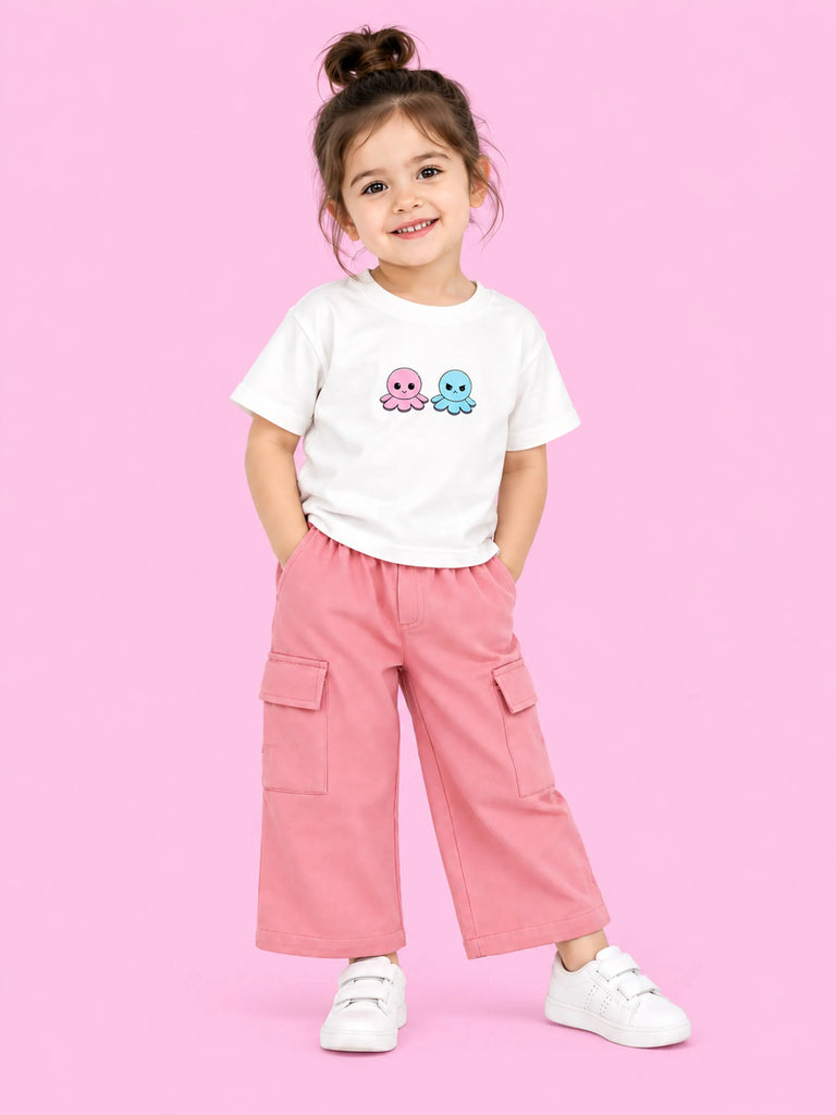 Girls Cotton Co-Ord Set – White Octopus T-Shirt & Pink Cargo Pants