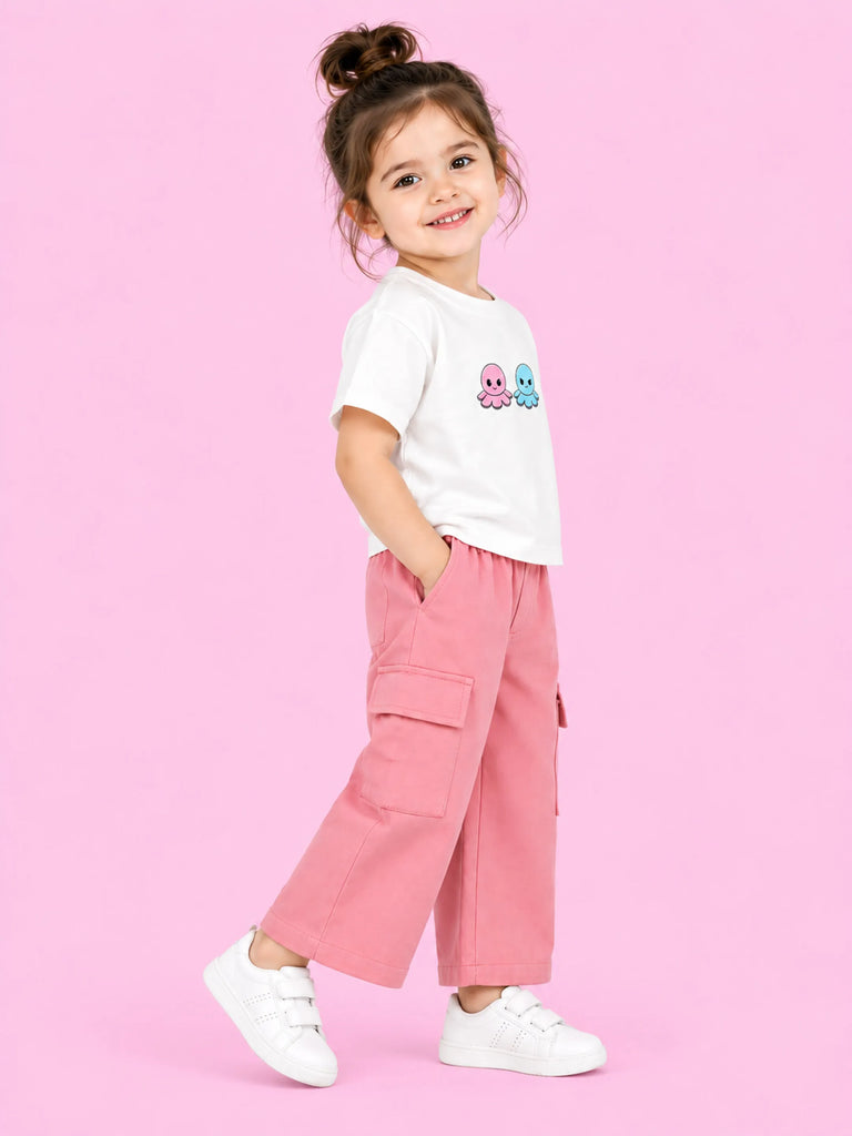 Girls Cotton Co-Ord Set – White Octopus T-Shirt & Pink Cargo Pants