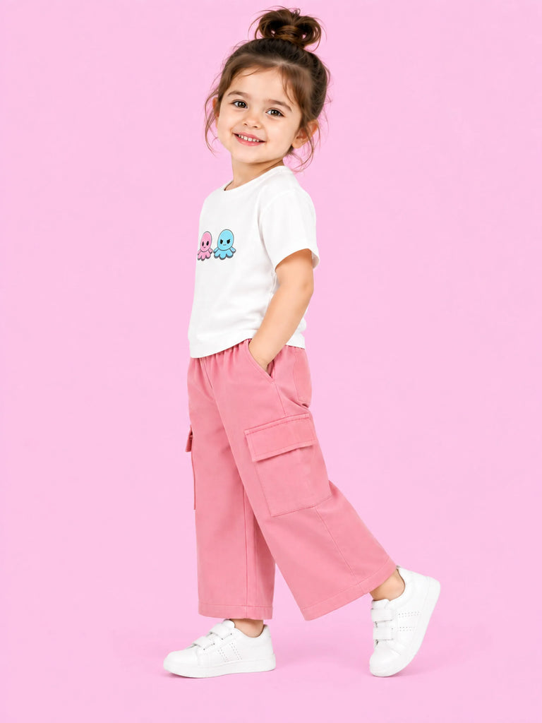 Girls Cotton Co-Ord Set – White Octopus T-Shirt & Pink Cargo Pants