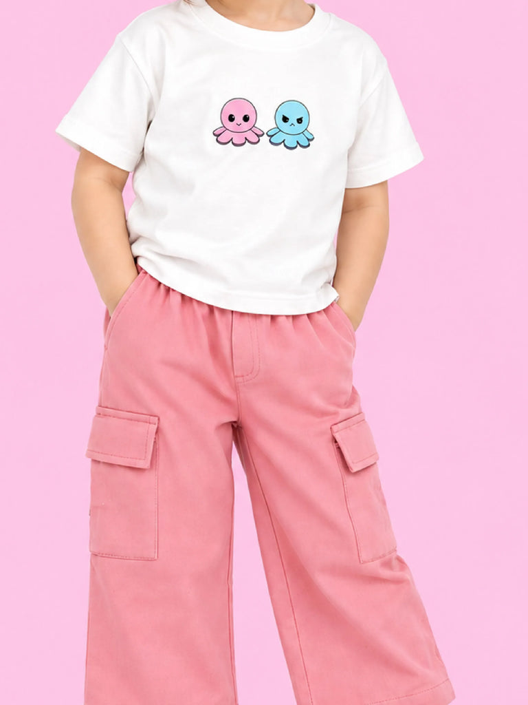 Girls Cotton Co-Ord Set – White Octopus T-Shirt & Pink Cargo Pants