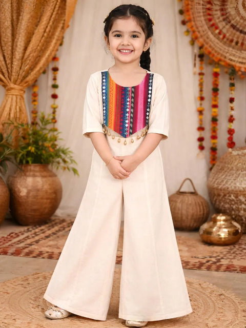 Girls Cream Ethnic Kurta Pant Set | Festive Co-ord Outfit