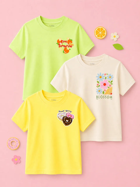 Bamboo Fabric Girls Half Sleeve T-Shirt Pack of 3 – Tiny Tangerine, Blossom & Donut Graphic Print Soft Summer Tee Set
