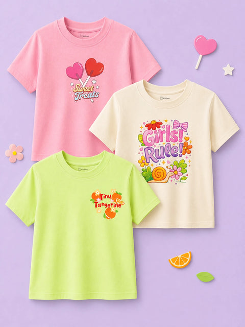 Bamboo Fabric Girls Half Sleeve T-Shirt Pack of 3 – Sweet Treats, Girls Rule & Tiny Tangerine Graphic Print Soft Summer Tee Set