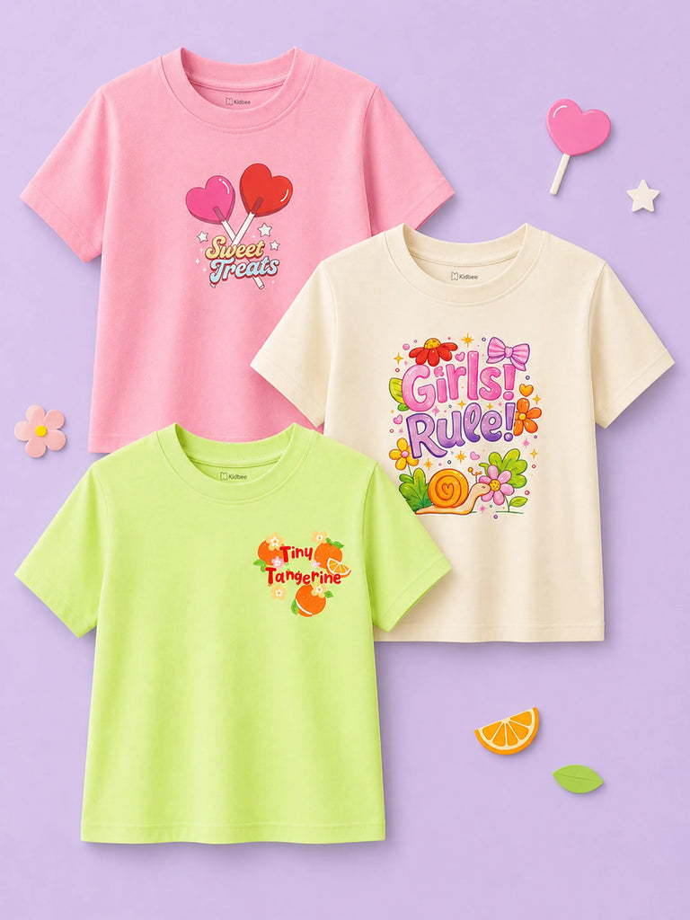 Bamboo Fabric Girls Half Sleeve T-Shirt Pack of 3 – Sweet Treats, Girls Rule & Tiny Tangerine Graphic Print Soft Summer Tee Set